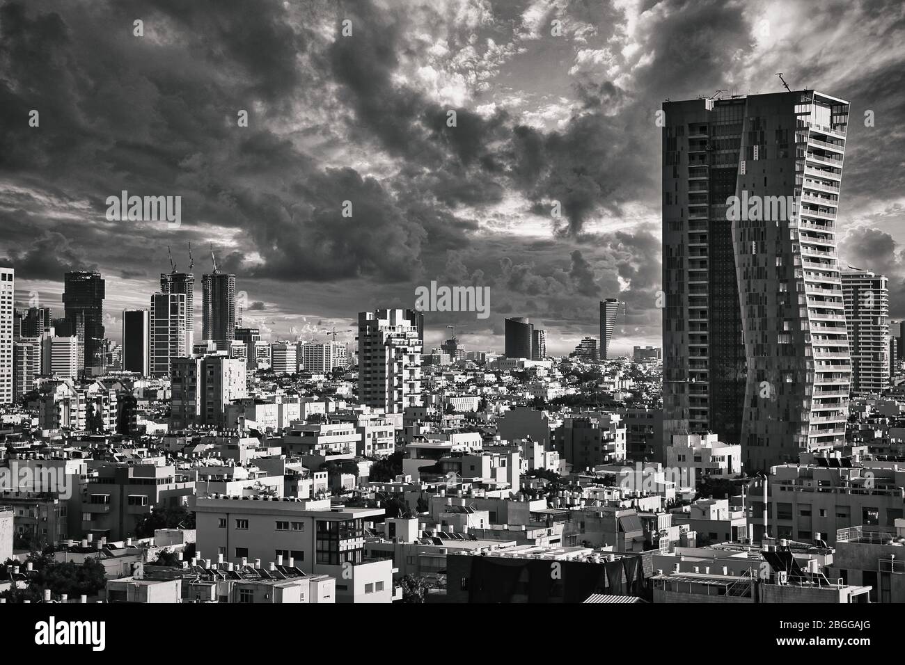 Beautiful black and white Cityscape - Tel Aviv, Israel under an amazing Sky. Stock Photo