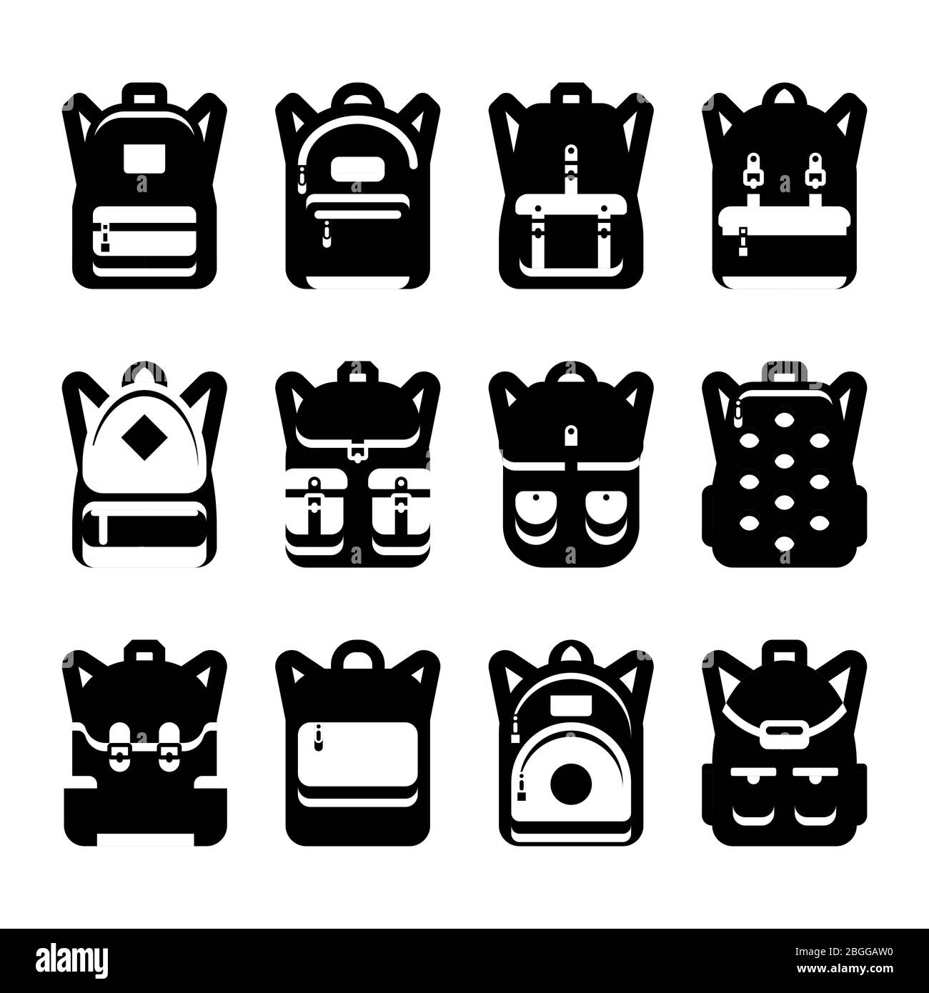 Black and white backpack silhouette set. Backpack and haversack, bag and luggage for travel, vector illustration Stock Vector