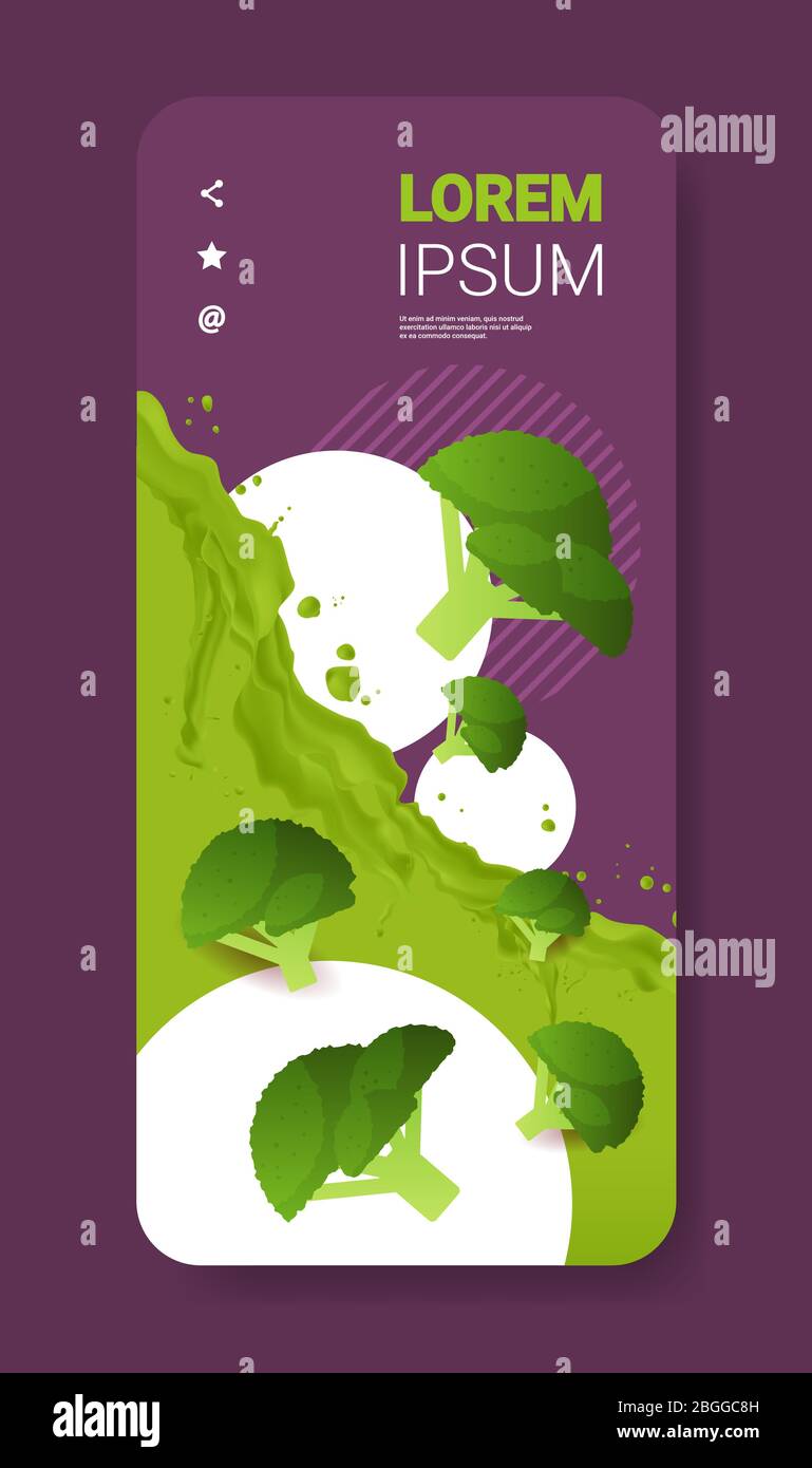 fresh green broccoli juice liquid splash realistic splashes healthy vegetable splashing waves smartphone screen mobile app vertical copy space vector illustration Stock Vector