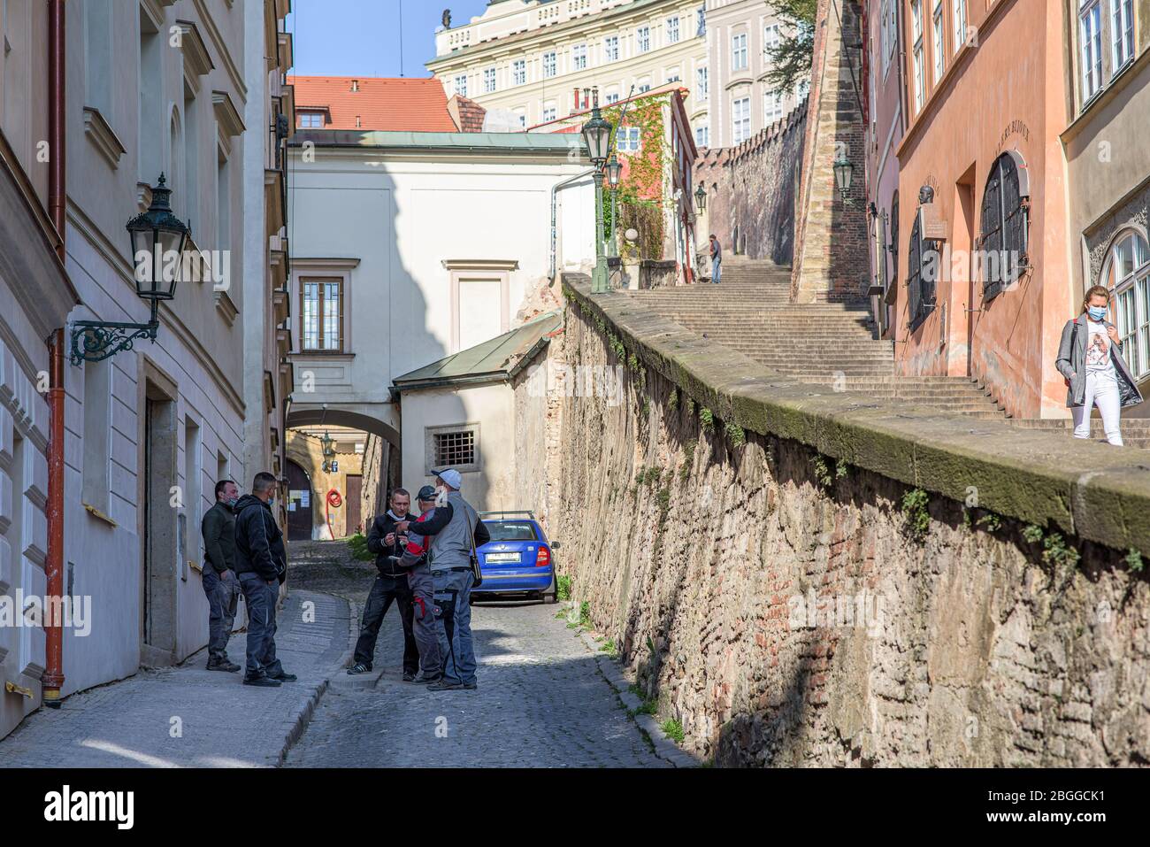 People on the stairs to Prague Castle during quarantine Stock Photo