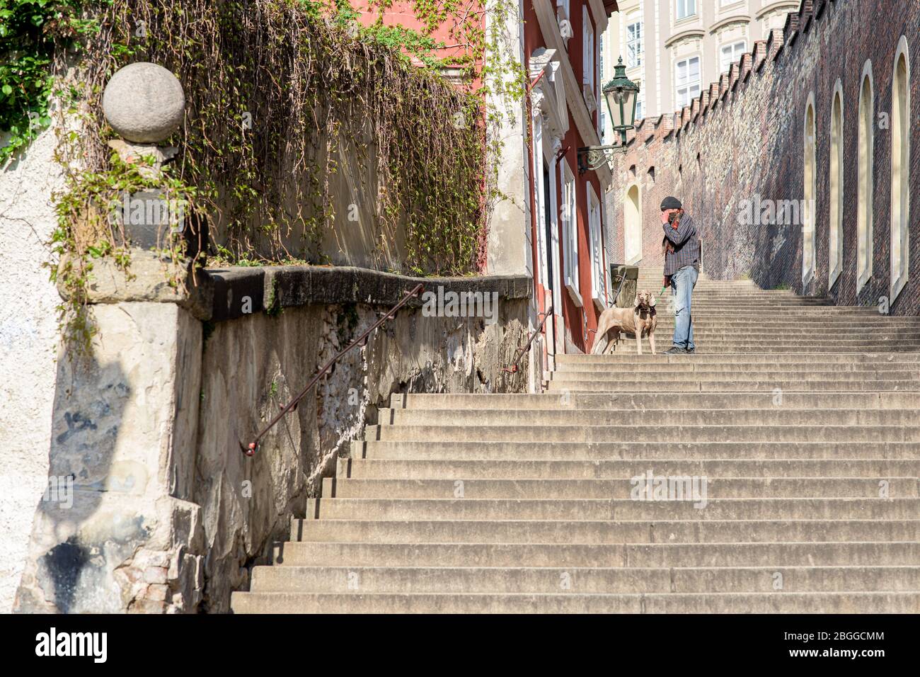 Man with a dog on stair to Prague Castle Stock Photo