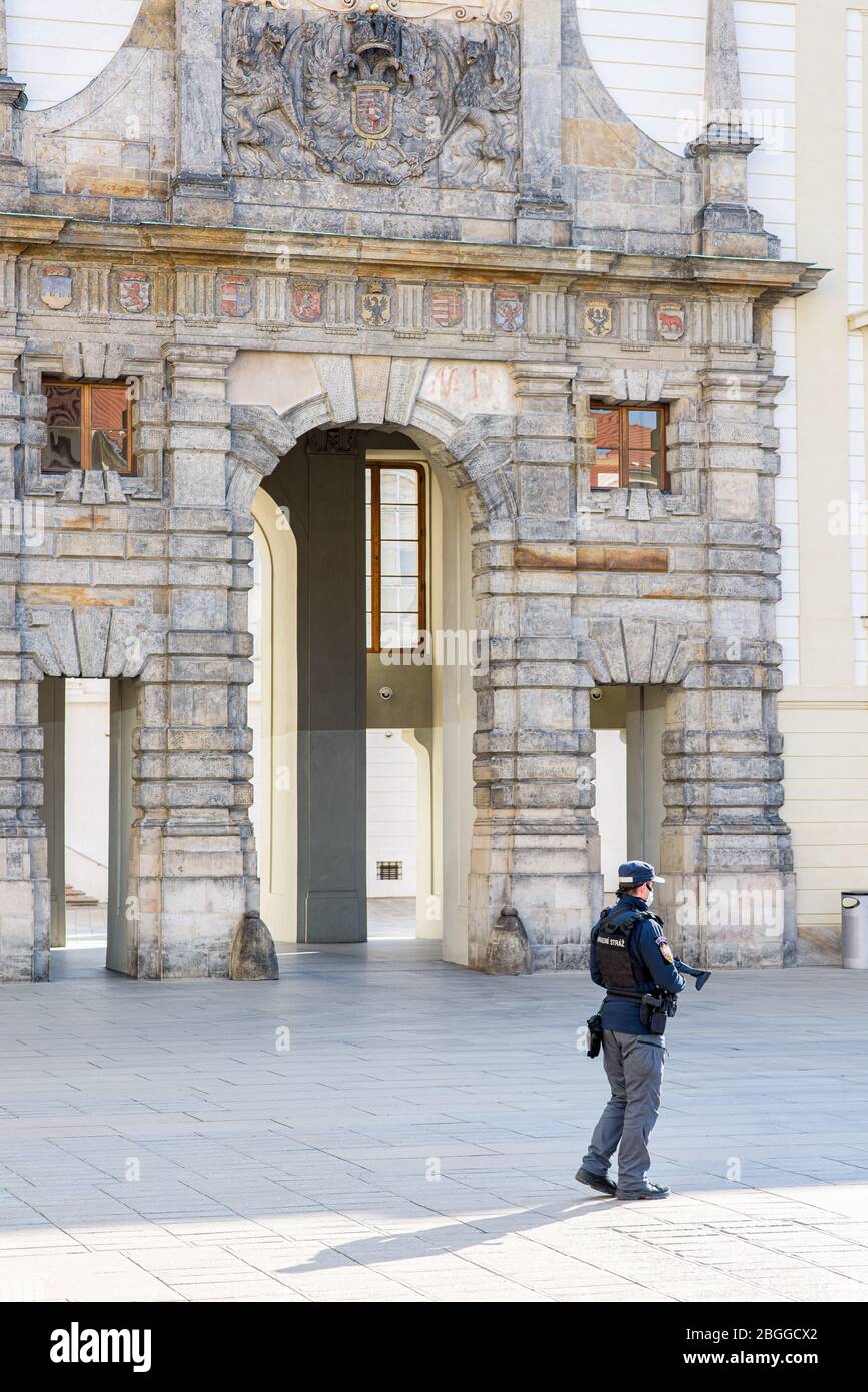 Castle guard in front of the Prague Castle during quarantine Stock Photo