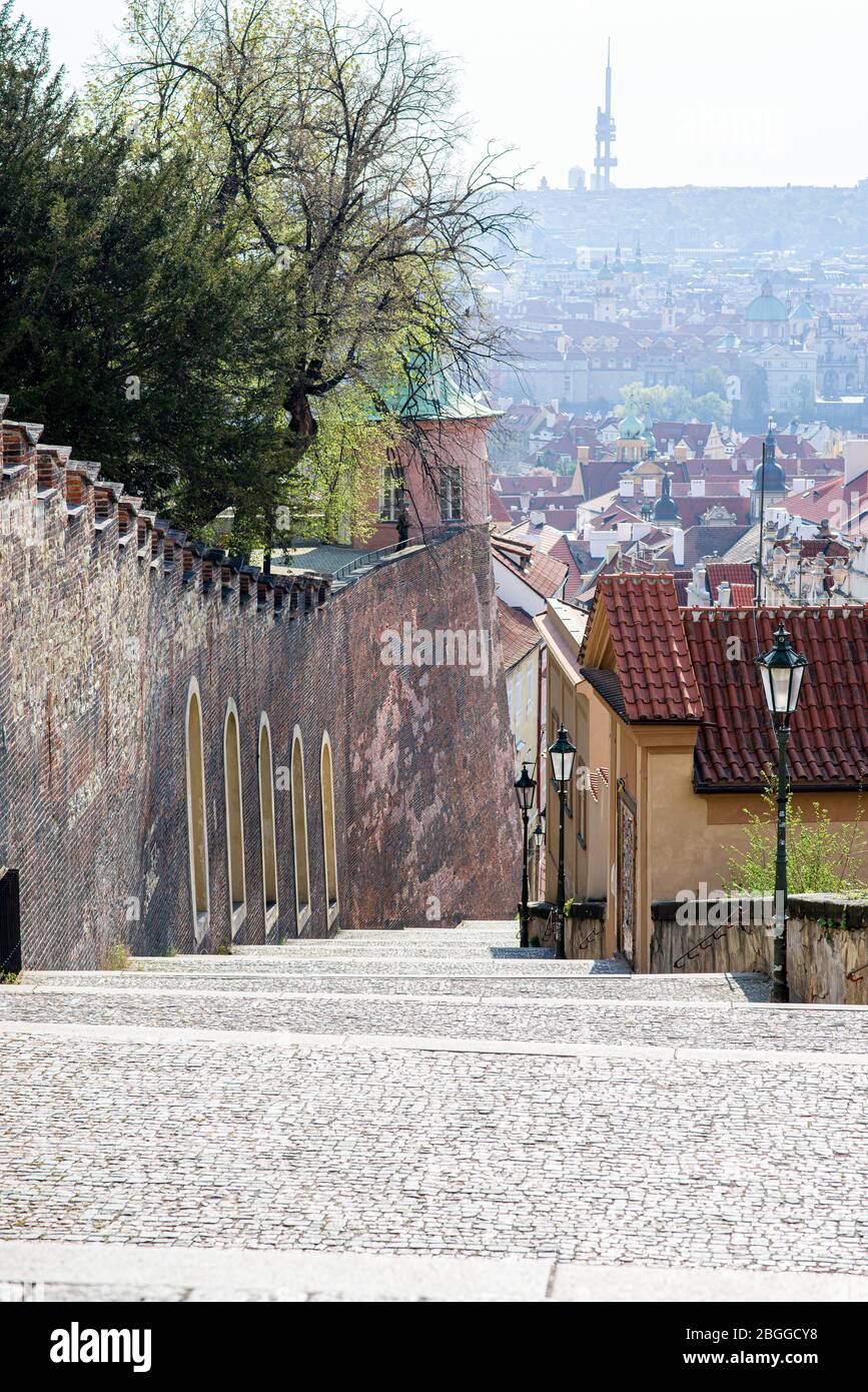 Empty stairs to Prague Castle during quarantine Stock Photo