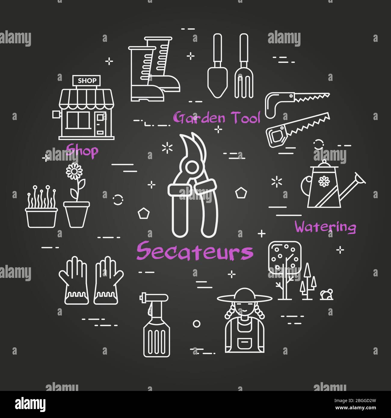 Vector linear black gardening and farming - Secateurs Stock Vector