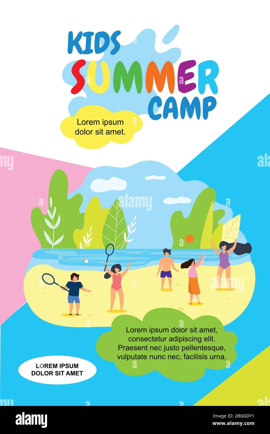 Vector Illustration Kids Summer Camp Holidays. Vertical Flat Banner School Summer Vacation. Against Blue Sky and White Clouds Teenagers on Shore Natur Stock Vector