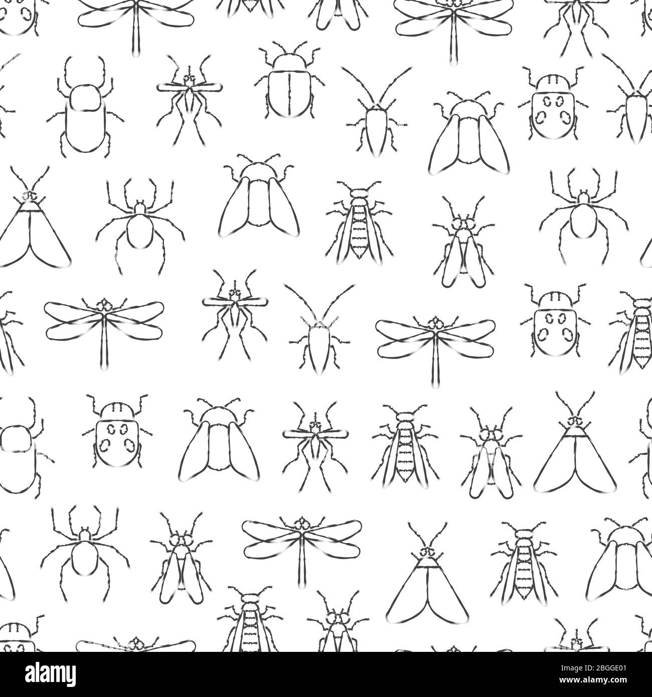Pencil drawing insects seamless background pattern. Wild nature seamless texture. Vector illustration Stock Vector