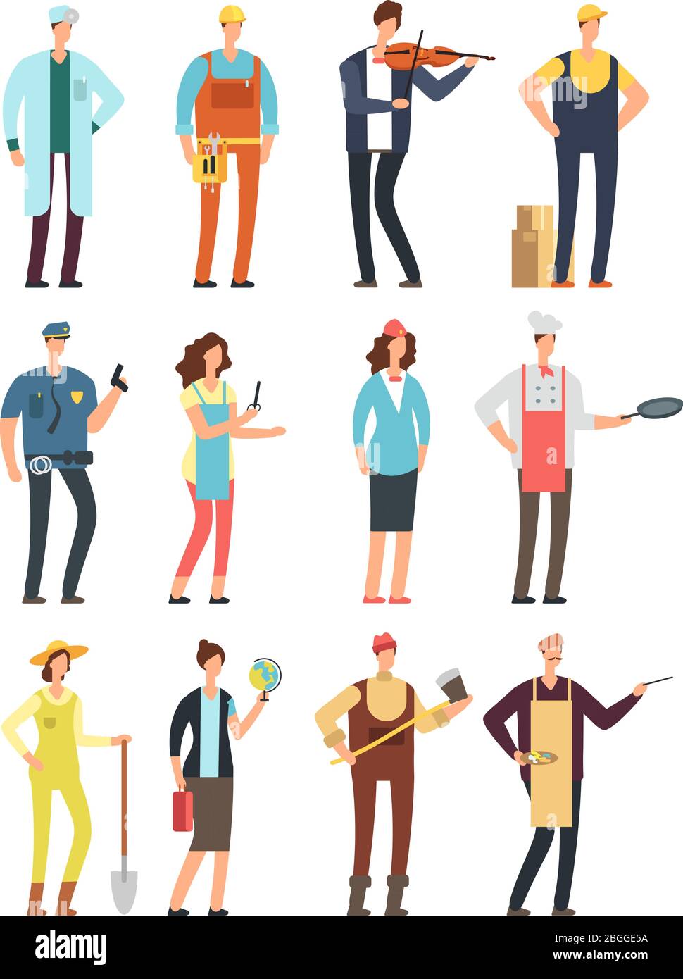 Man and woman workers with tools in uniform. Cartoon vector characters of different professions isolated. Ilustration of musician and cook, specialist teacher and logger, gardener and doctor Stock Vector