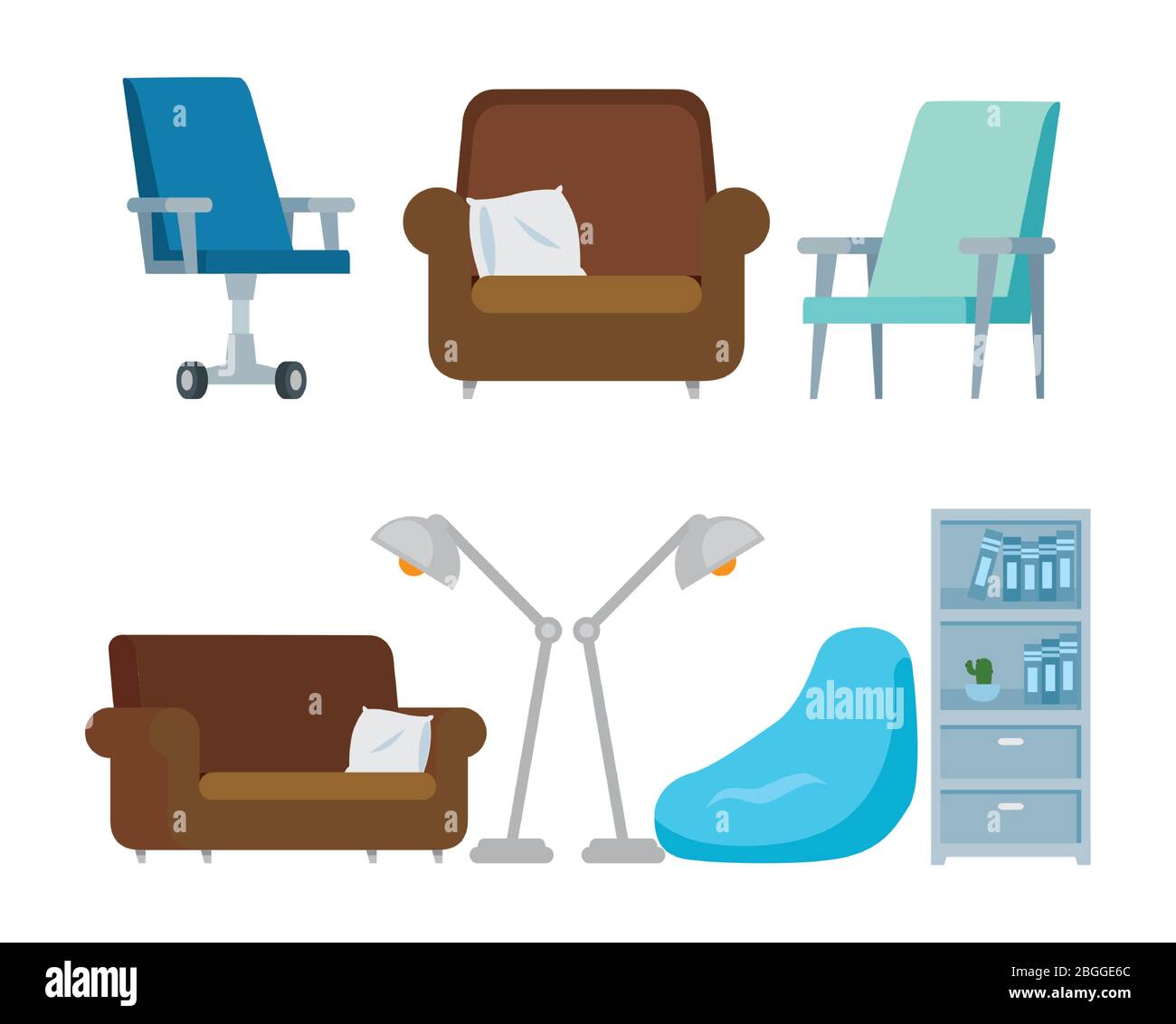set chairs with couches and icons Stock Vector