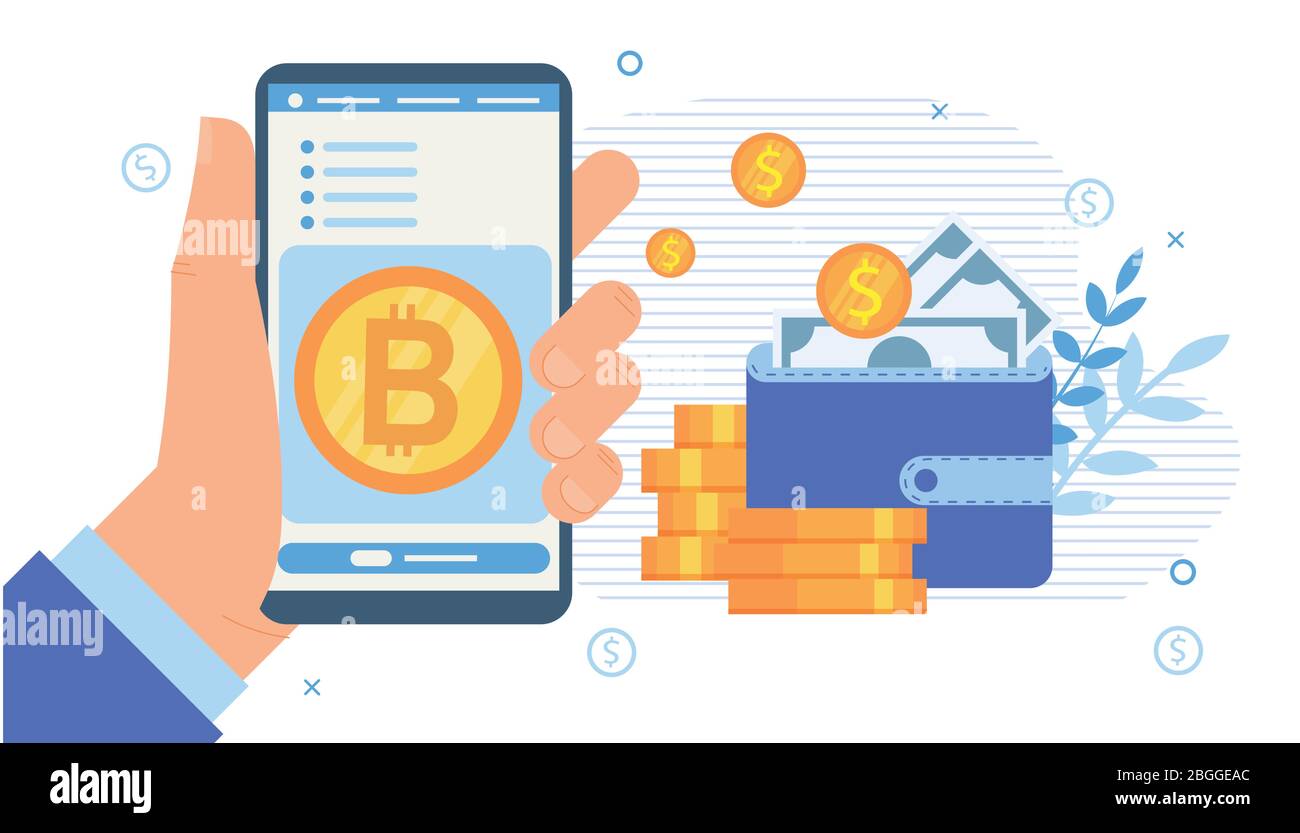 Cryptocurrency Stock Exchange Mobile Application Software. Male Hand  Holding Phone with Bitcoin on Screen. Dollar Coins, Wallet with Cash.  Mining Farm Stock Vector Image & Art - Alamy