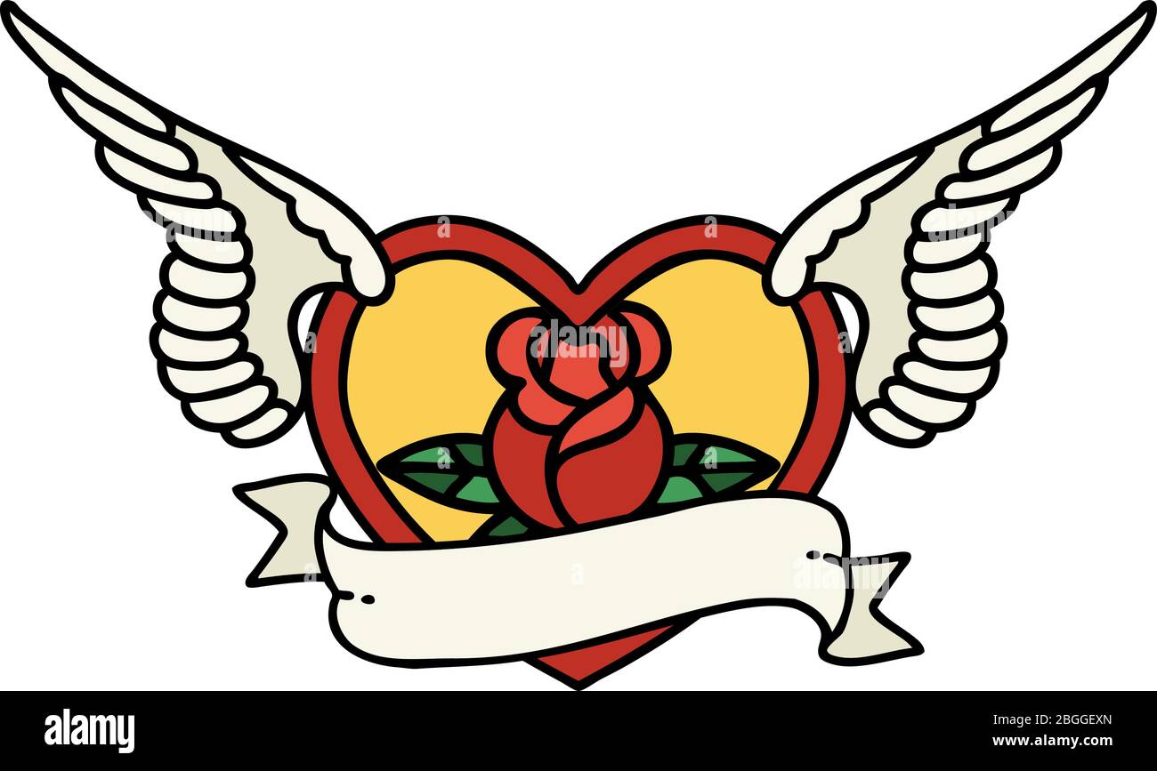 Tattoo In Traditional Style Of A Flying Heart With Flowers And Banner tattoo-in-traditional-style-of-a-flying-heart-with-flowers-and-banner