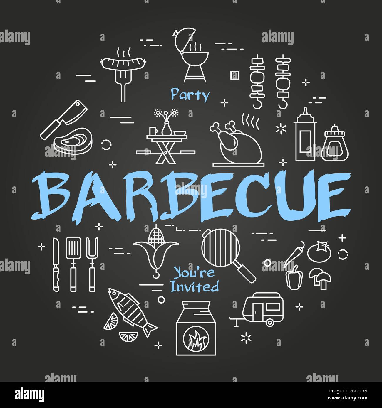 Vector black line banner for picnic and grill party - barbecue Stock Vector