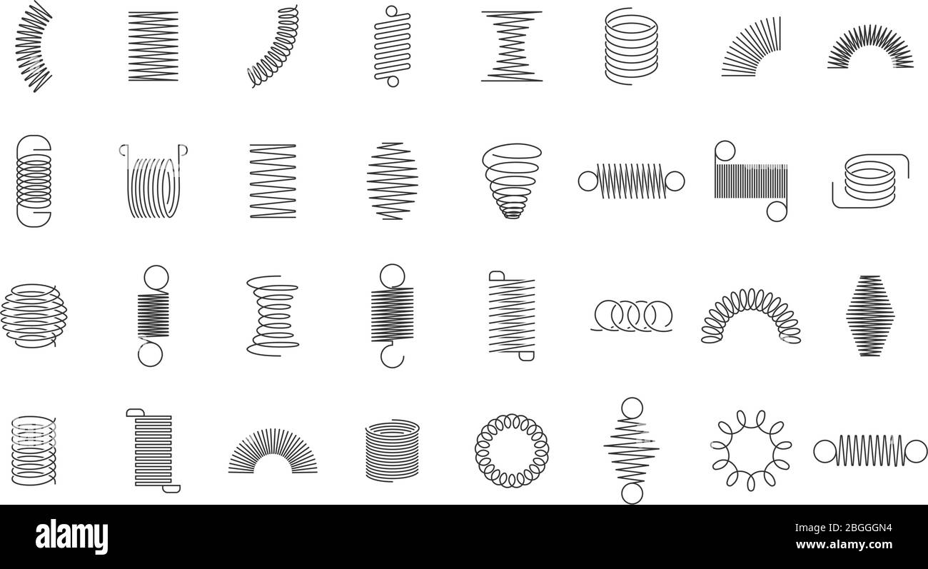 Spring coils. Metal spiral spring, car motor coil swirls silhouette, wire springs, metallic flexible coils and linear steel curved spiral elements Stock Vector