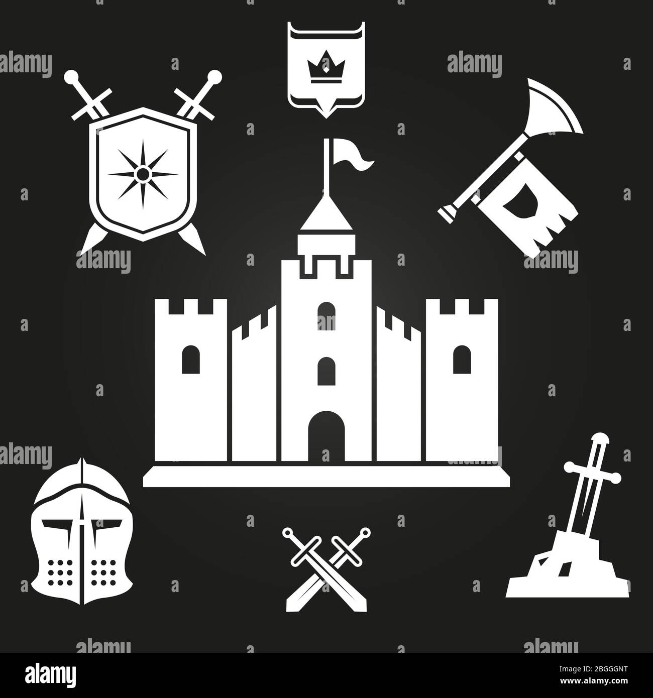 Medieval castle silhouette and knights tales elements isolated on black. Vector illustration Stock Vector
