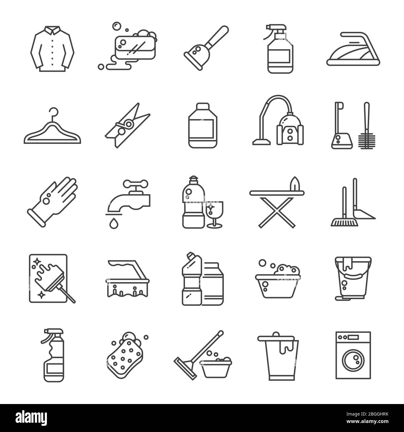 Cleaning and washing house, laundry outline vector icons. Antiseptic service line symbols. Illustration of wash cleaner and brush, vacuum and broom Stock Vector