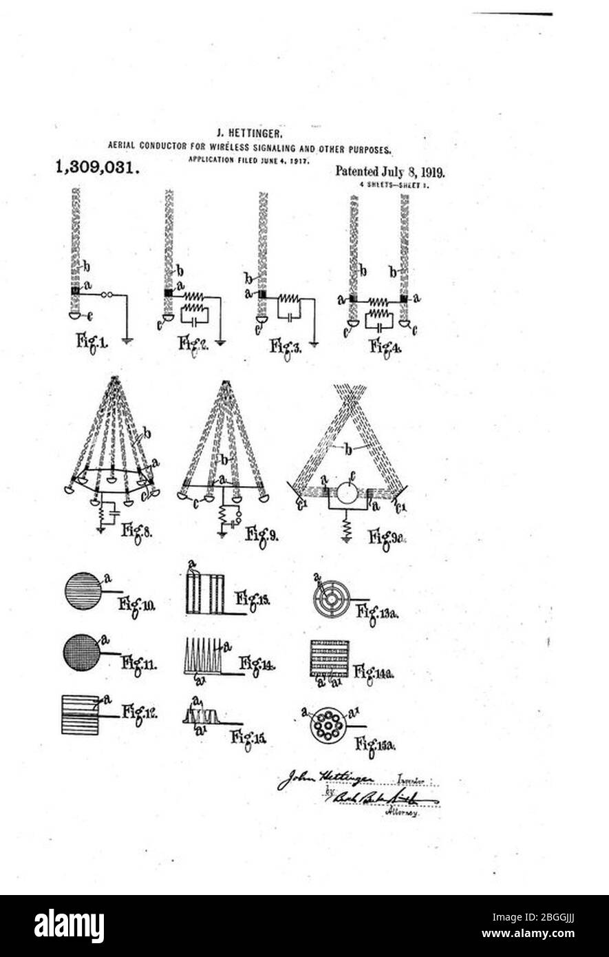 Hettinger's Aerial Conductors for Wireless Signaling US1309031A Stock