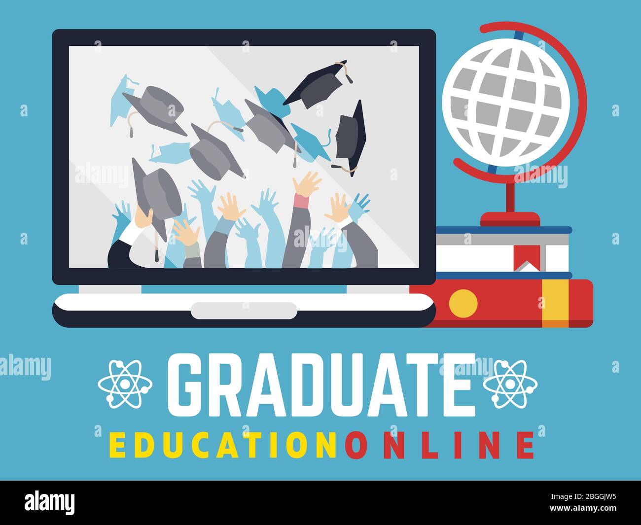 Online education graduate flat concept. Computer and learning video, graduation study, vector illustration Stock Vector