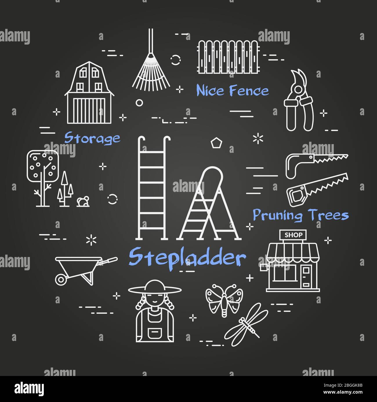 Vector linear black gardening and farming - Stepladder Stock Vector