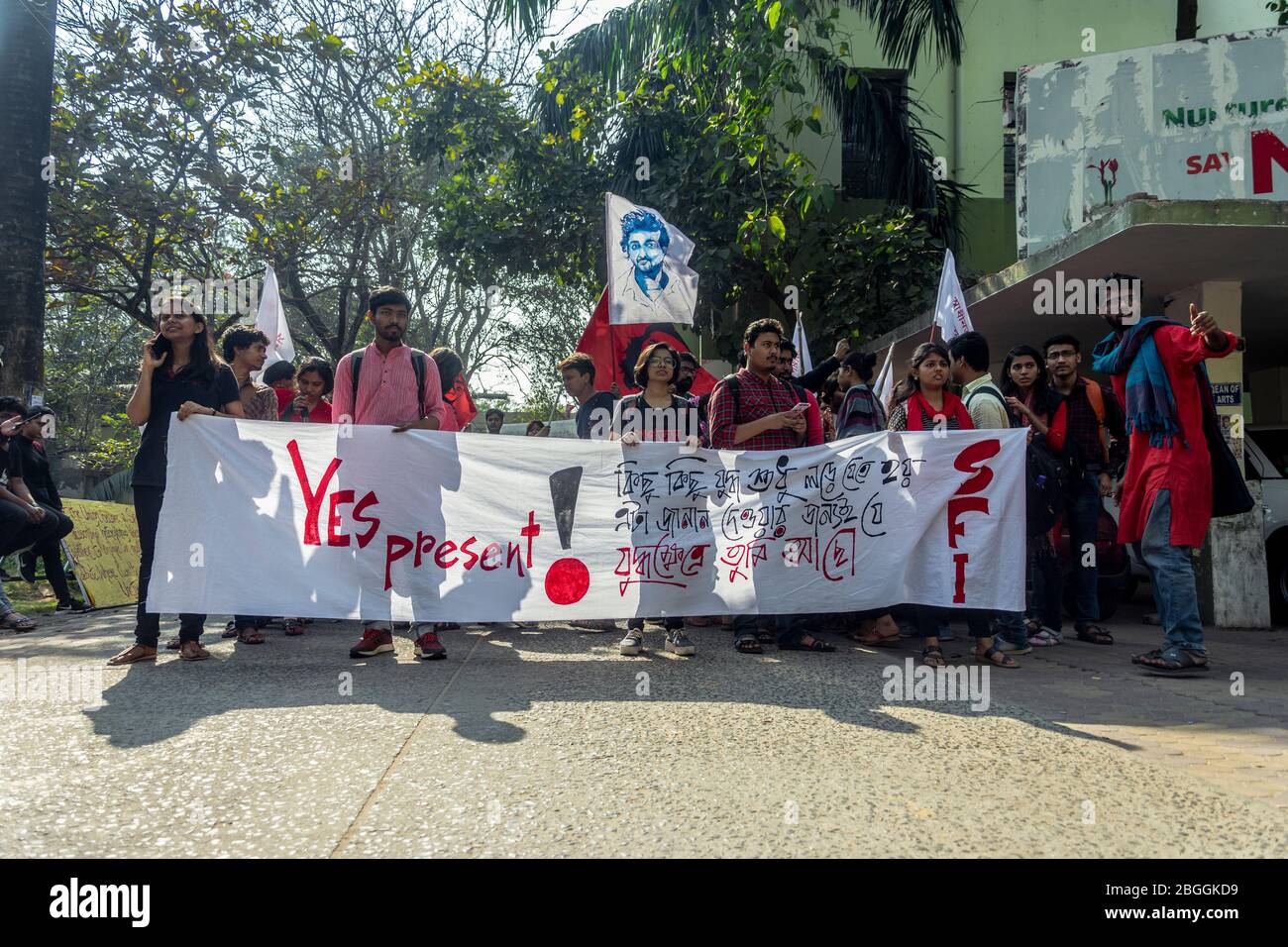 Students of Jadavpur University with Aishee Ghosh giving a call to condemn and resist fascism of ABVP and BJP in the university Stock Photo