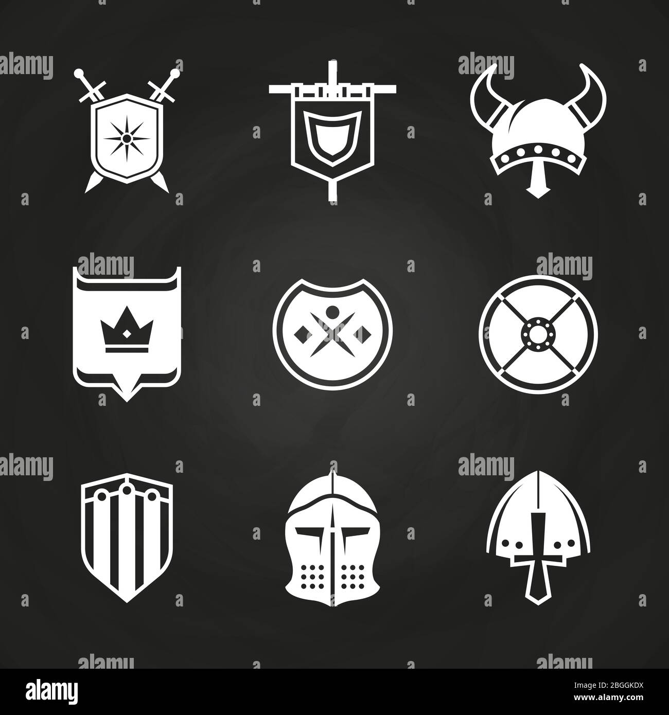 White silhouette viking knight helmets and shields icons isolated on black. Vector illustration Stock Vector