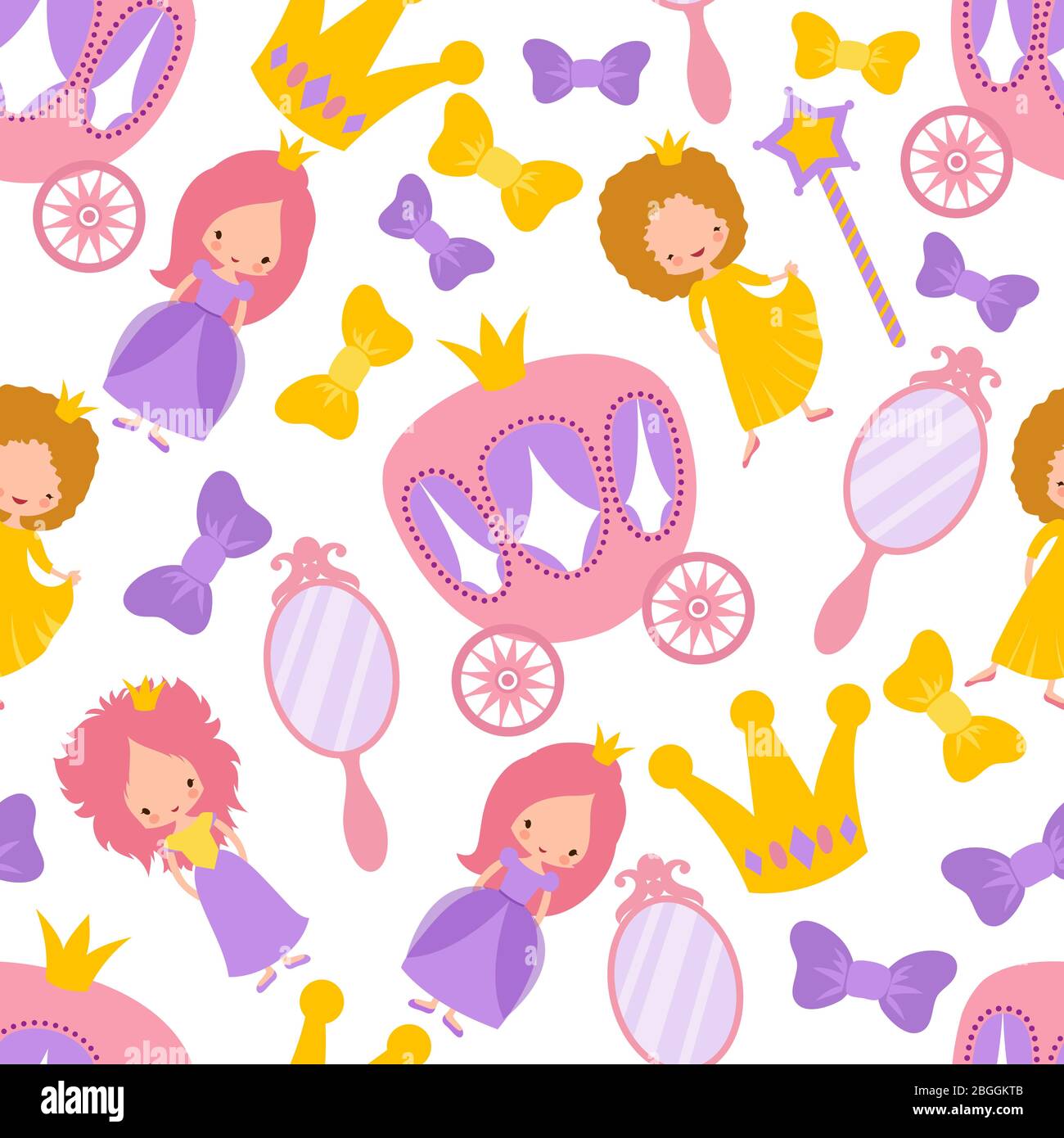 Princess vector seamless cartoon pattern. Magic girls fabric texture. Illustration of cartoon woman, carriage and mirror fairytale seamless pattern Stock Vector