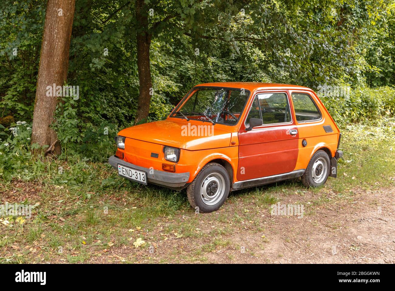 An orange coloured Polski Fiat 126p by a forest Stock Photo