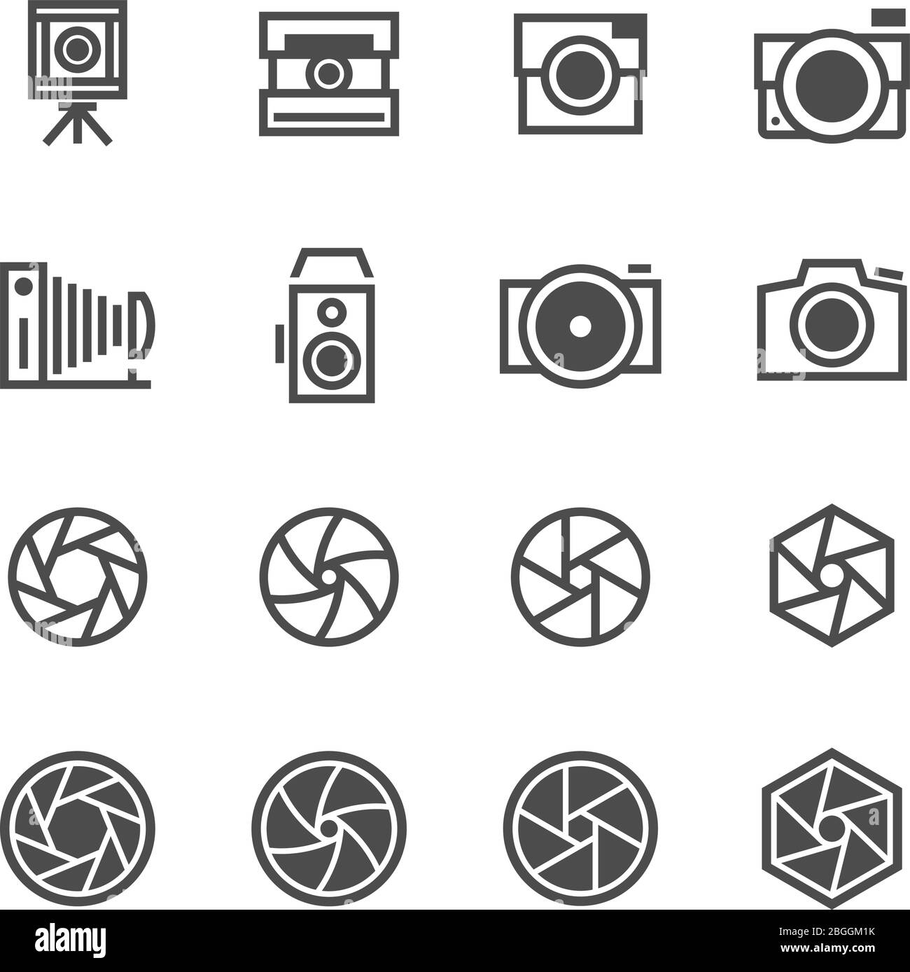 Photo camera, camcorder, photographer icons. Objective capture focus, aperture black silhouette symbols isolated. Equipment focus frame lens, shutter camera illustration Stock Vector