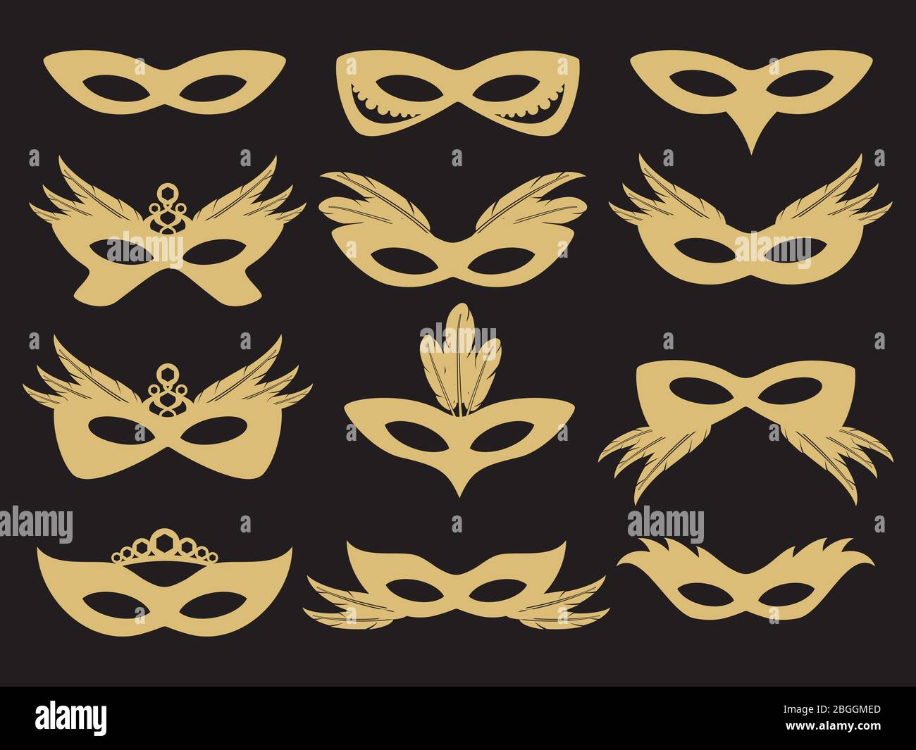 Gold carnival party face masks with decorative elements on black background. Vector illustration Stock Vector