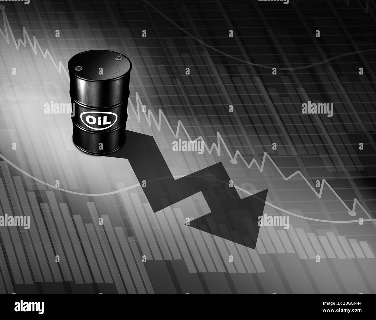 Oil prices falling concept as a barrel of crude petroleum casting a downward arrow on a financial chart as a symbol for declining fossil energy. Stock Photo