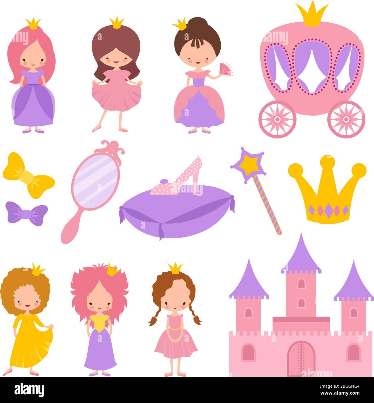 Cute little princess with crown and fairy-tale vector elements. Doll character in dress, design cartoon queen from fairytale illustration Stock Vector