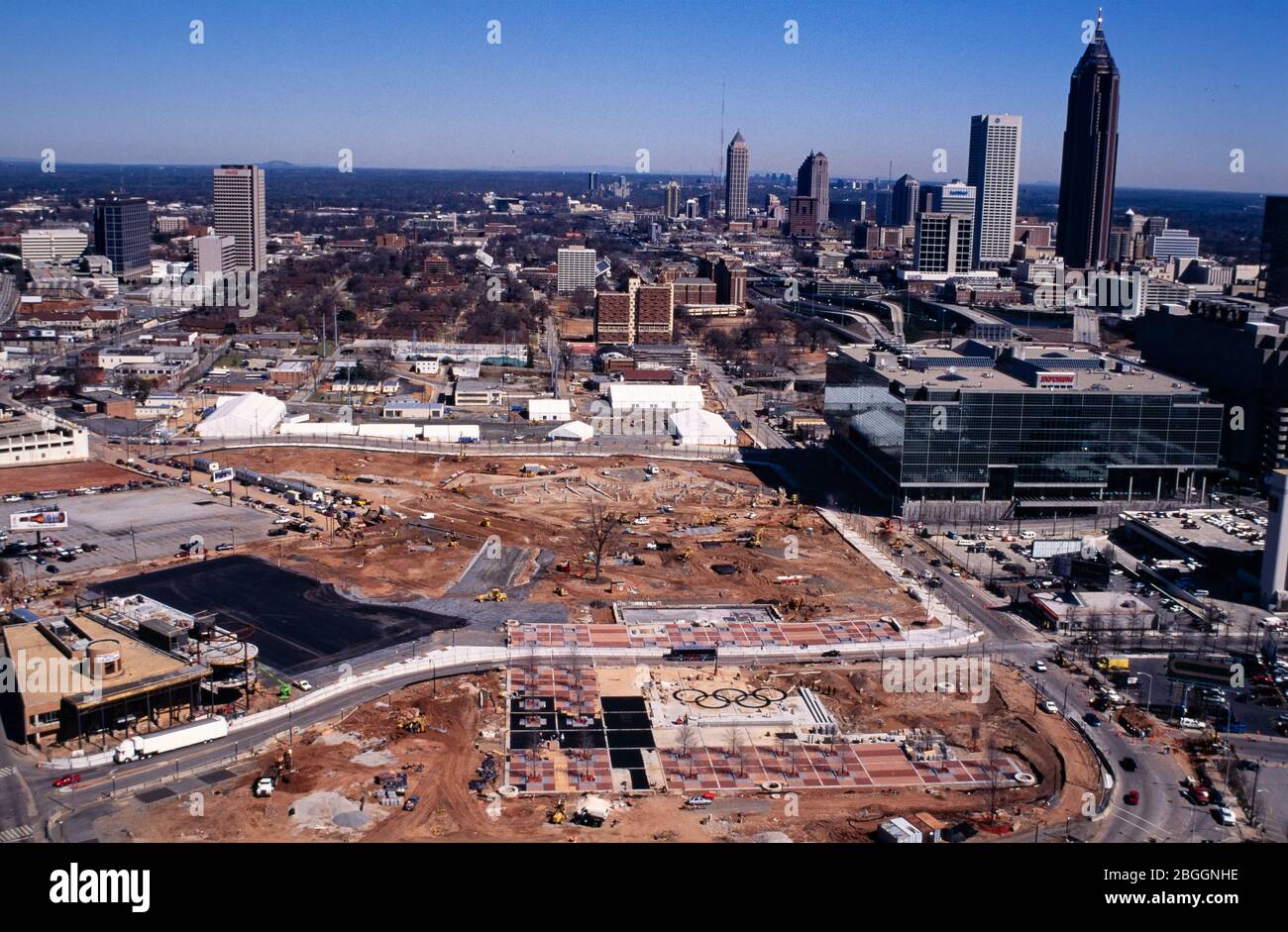 Aerial photographs of the construction of Centennial Olympic Park in downtown Atlanta, Georgia. Stock Photo