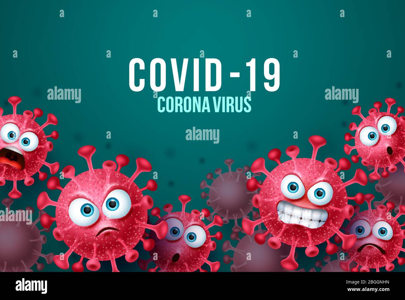 Covid-19 corona virus vector background template. Corona virus background with angry and scary covid-19 emoticons and emojis in background. Stock Vector