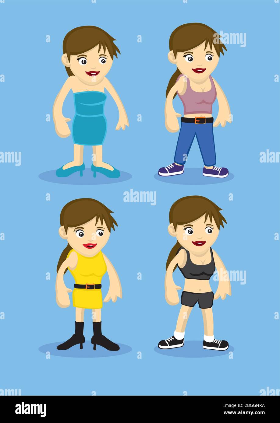 Fashion design vector illustration for cartoon woman of different roles and activities. Cute female characters isolated on blue background Stock Vector