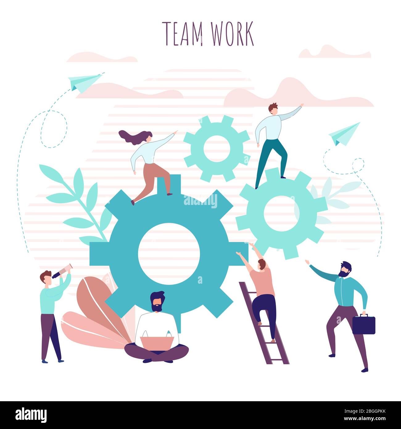 Teamwork Poster with Collaborating Office People. Man and Woman Coworkers Community Work on Business Project, Search Solutions Together. Vector Metaph Stock Vector