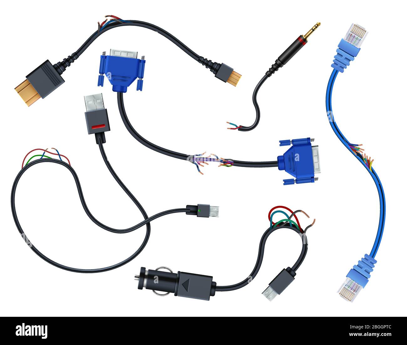 Damaged wires with plugs. Disconnect broken electric cables vector set isolated on white background. Wire and cable cut, vga and usb, sata outlet plug illustration Stock Vector