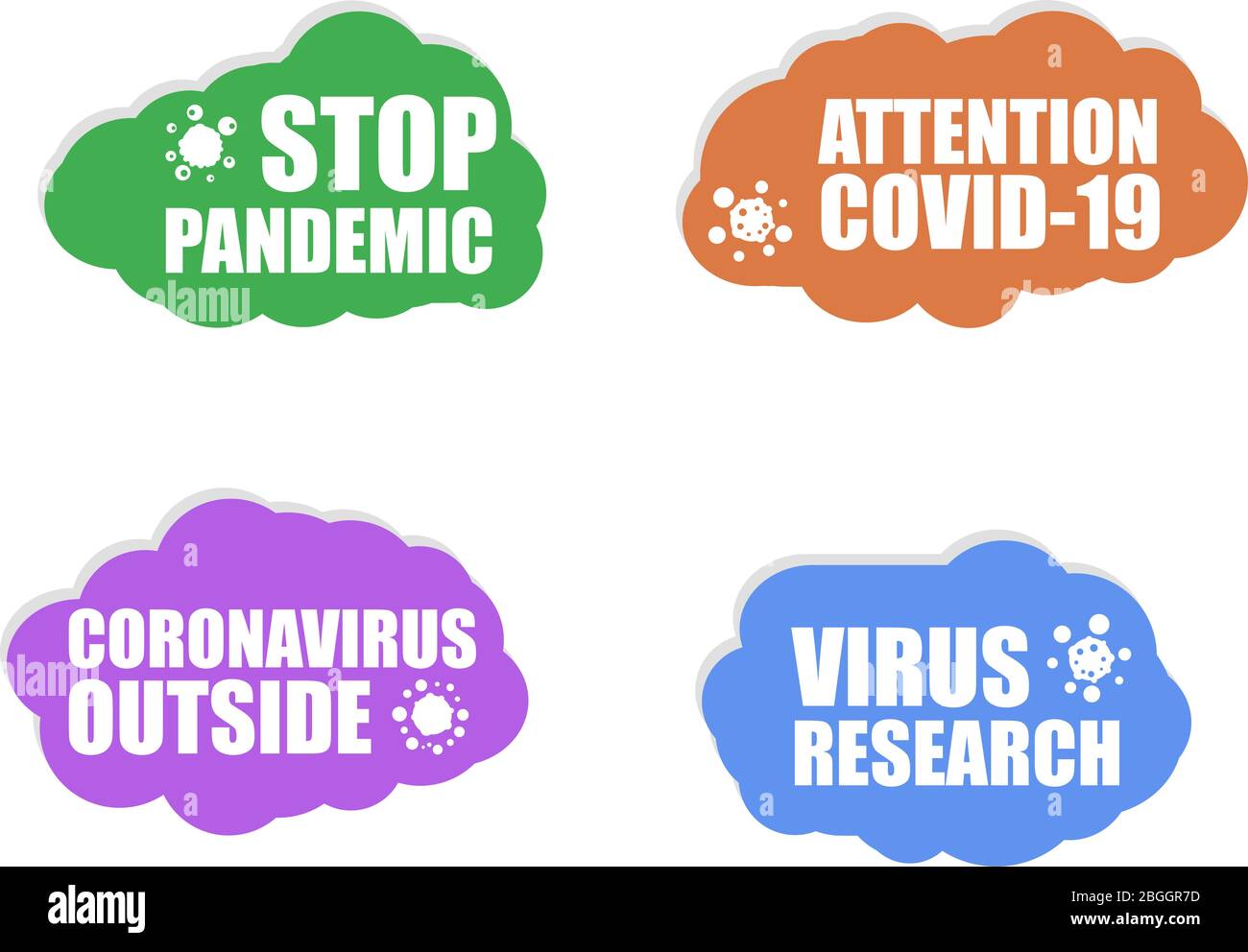 Coronavirus icon. Stop Pandemic icon. Coronavirus outside. Covid 19 attention. Virus research. Sign set isolated on white background Stock Photo