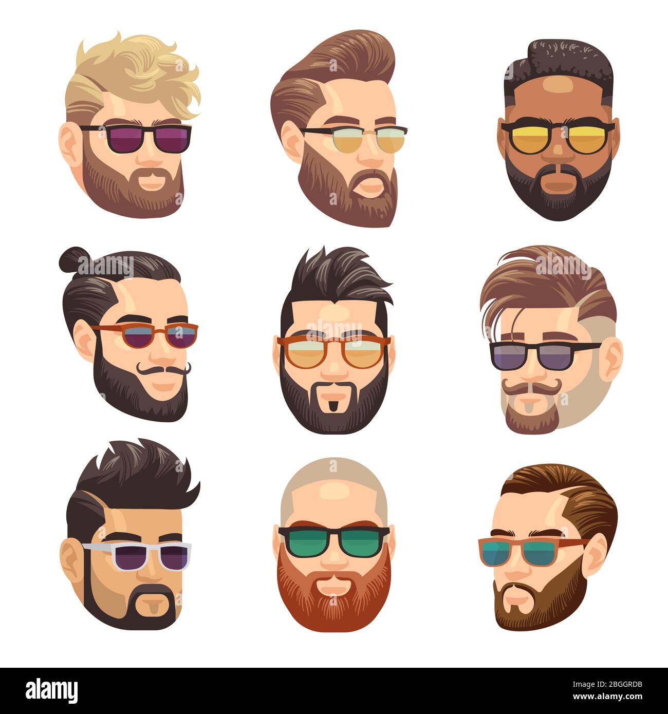 Cartoon bearded hipster man and male hairstyle vector set. Hipster male  with beard and fashion hairstyle illustration Stock Vector Image & Art -  Alamy