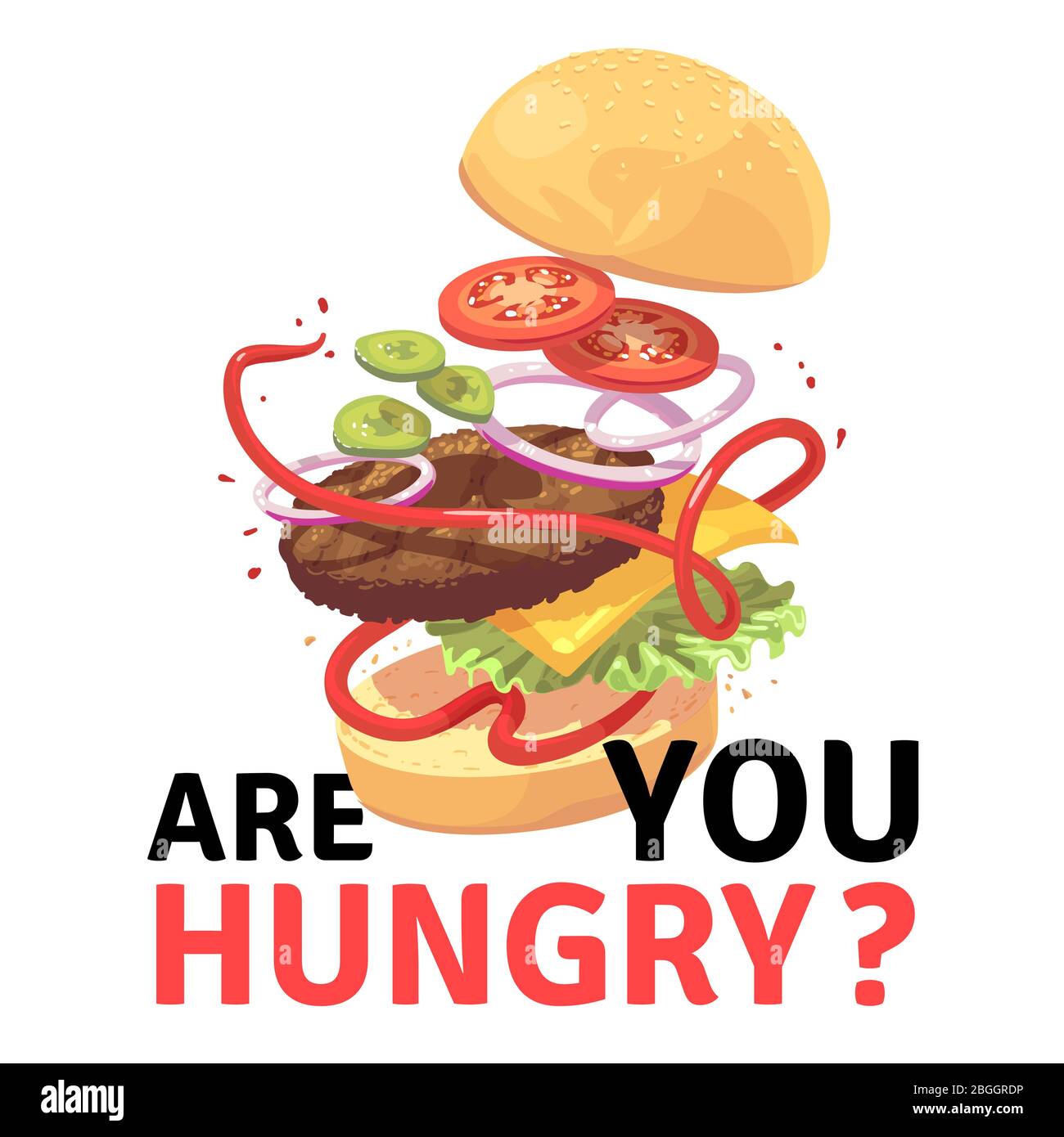 Delicious burger. Attractive flying hamburger cartoon vector illustration. Hamburger with meatin bun, cheeseburger or sandwich Stock Vector