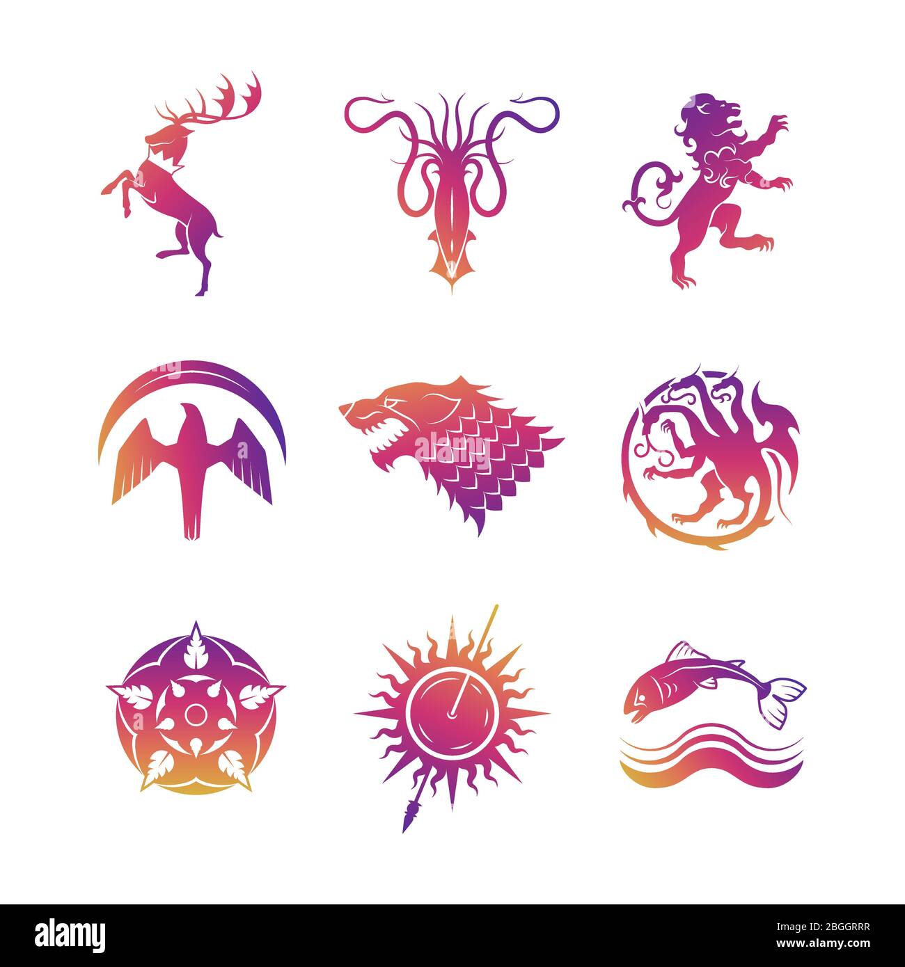 Bright heraldic vector icons with animals and throne symbols silhouettes illustration Stock Vector