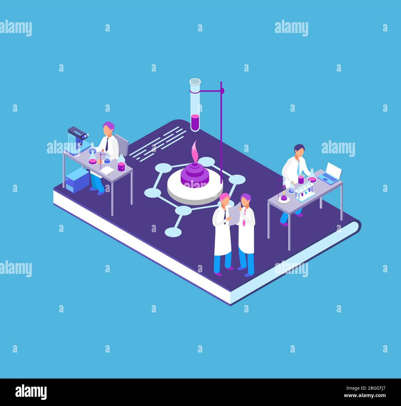 Chemistry, pharmaceutical 3d isometric concept with chemical laboratory equipment and people research scientist vector illustration. Chemical science research, laboratory experiment Stock Vector