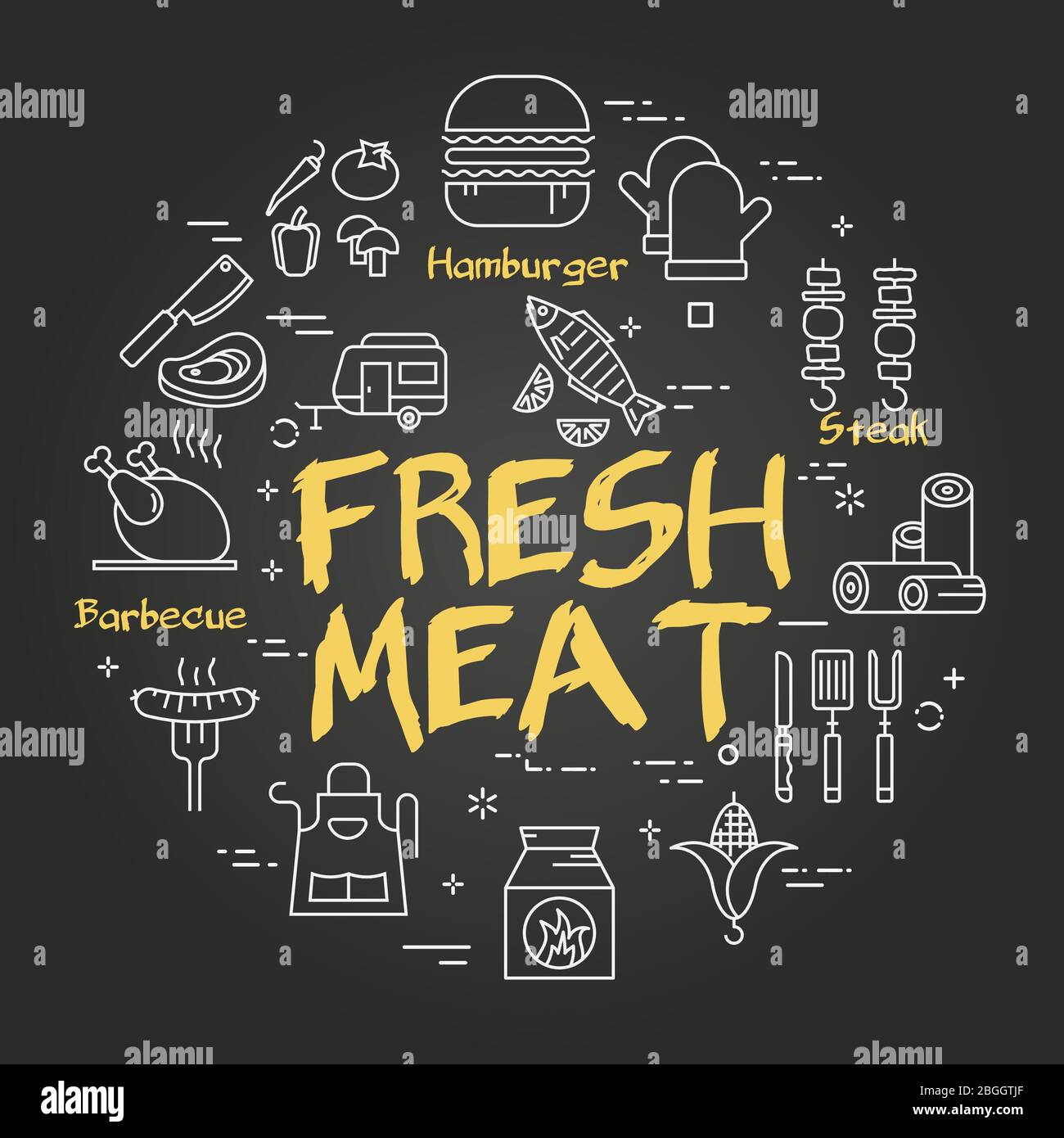 Vector black line banner for picnic and barbecue party - fresh meat Stock Vector