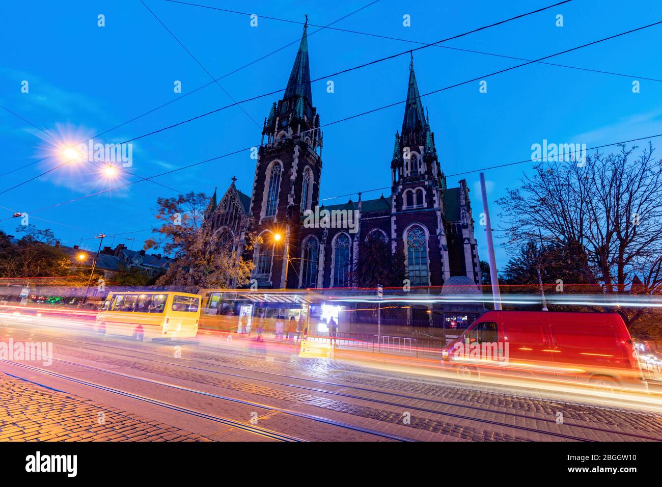 Olha and Elizabeth Church in Lviv at night. Lviv, Lviv Oblast, Ukraine. Stock Photo