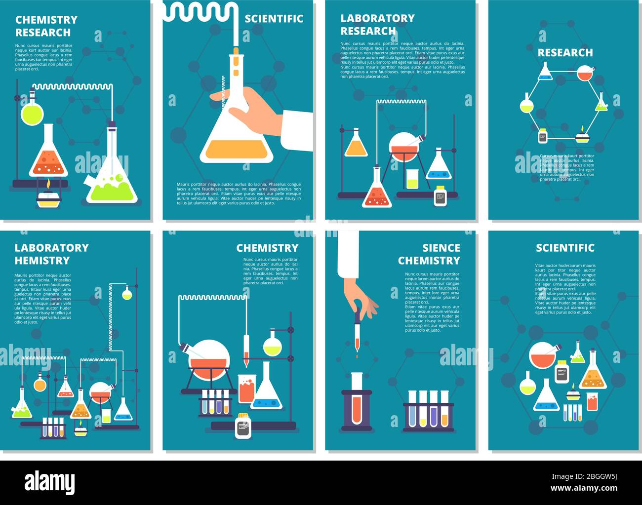 Chemistry laboratory testing. Pharmacy processing and science medical research lab. Vector book covers, brochure template. Illustration of pharmacy lab poster, medical test and research Stock Vector