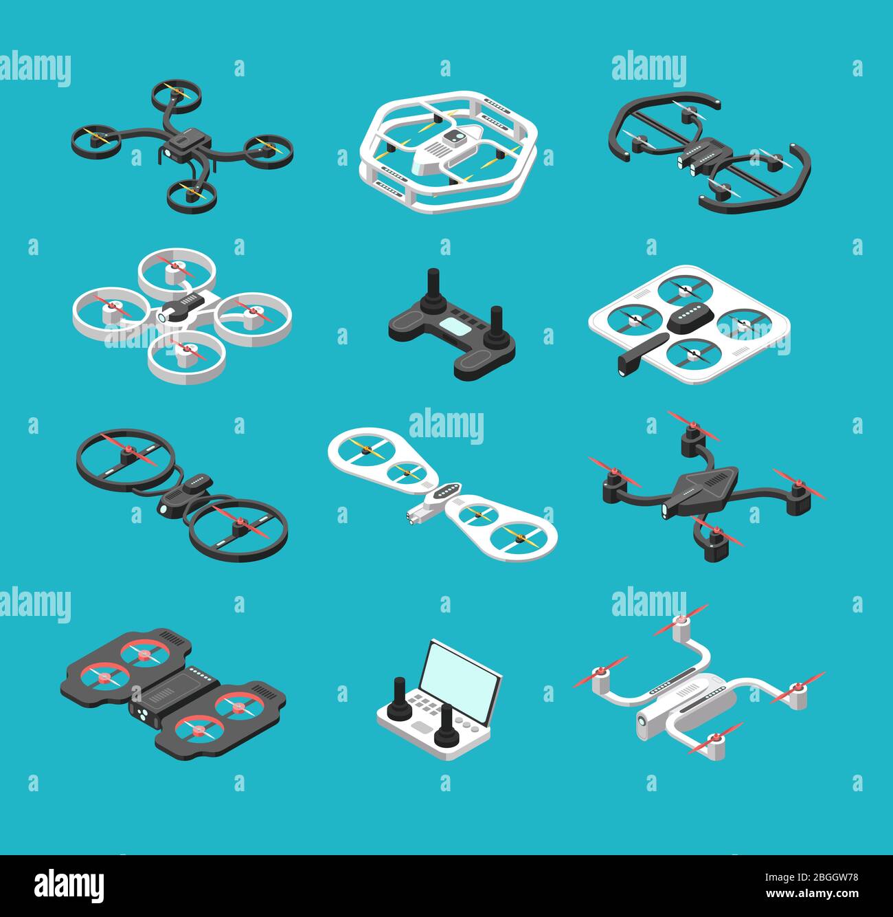 Different isometric 3d drones. Aerial delivery and photo robots vector set. Aircraft robot, control propeller wireless illustration Stock Vector