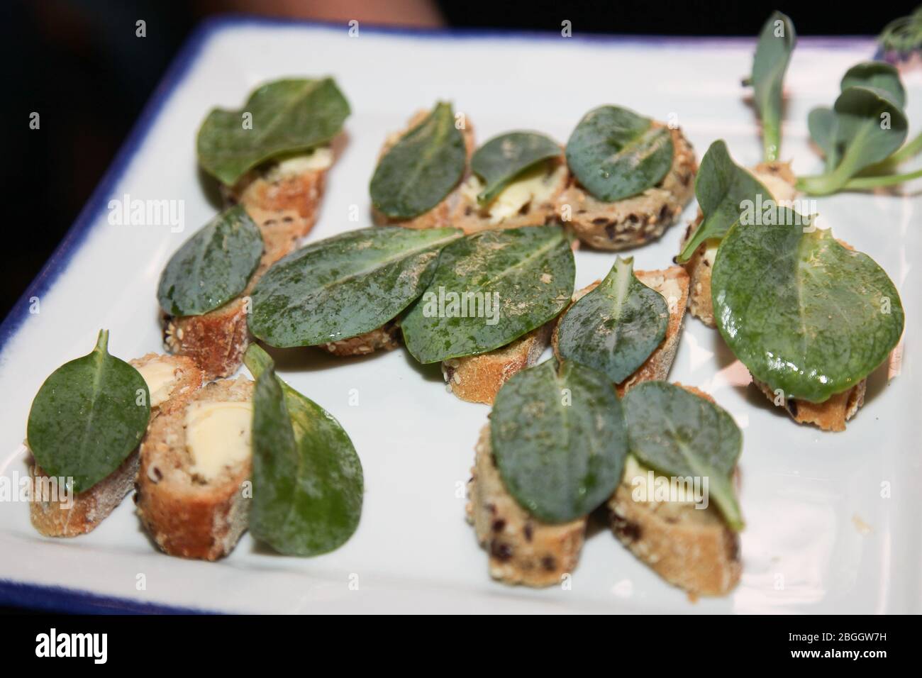 pieces bread with salted butter and a leaf of mertensia to give a taste of oysters Stock Photo