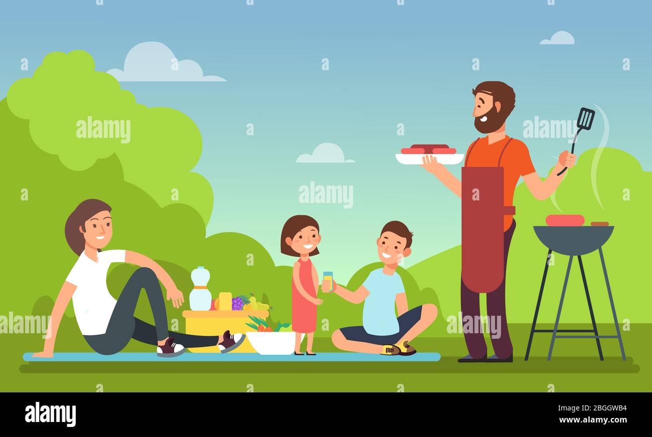 Family at summer picnic. People in bbq party eating food. Grill and barbeque outdoor vector concept. Barbecue cooking, bbq meat on nature illustration Stock Vector