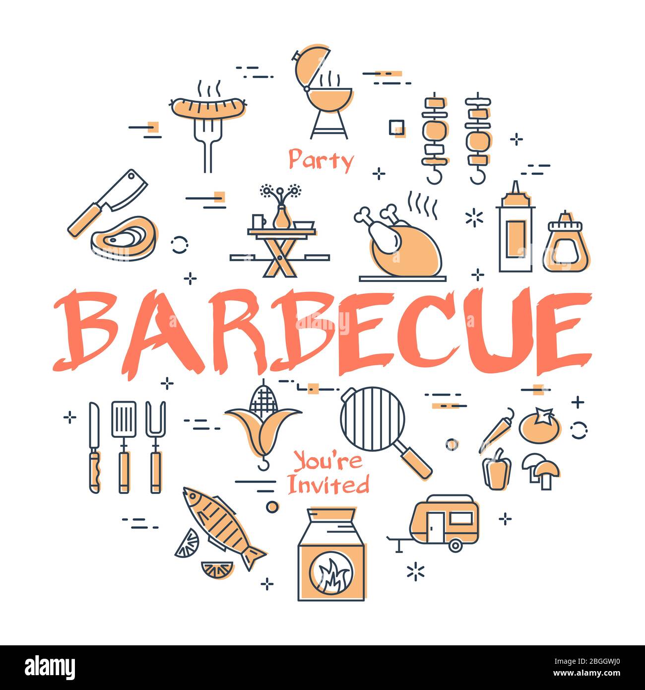 Vector line banner for picnic and grill party - barbecue Stock Vector
