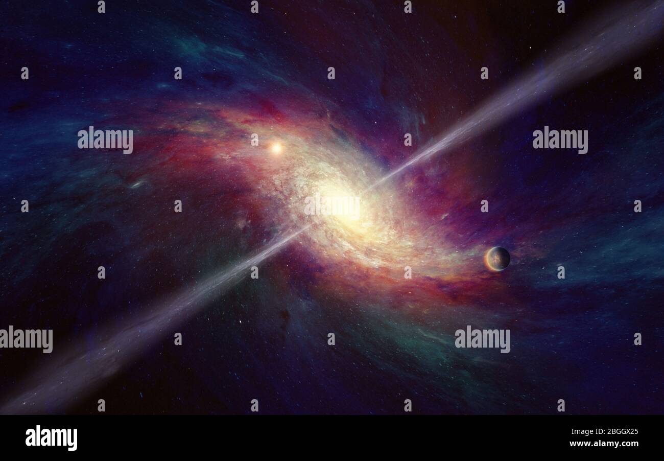 Scientific astronomical background - space-time warping concept, twisted galaxy, bright quasar in deep space. Elements of this image furnished by NASA Stock Photo