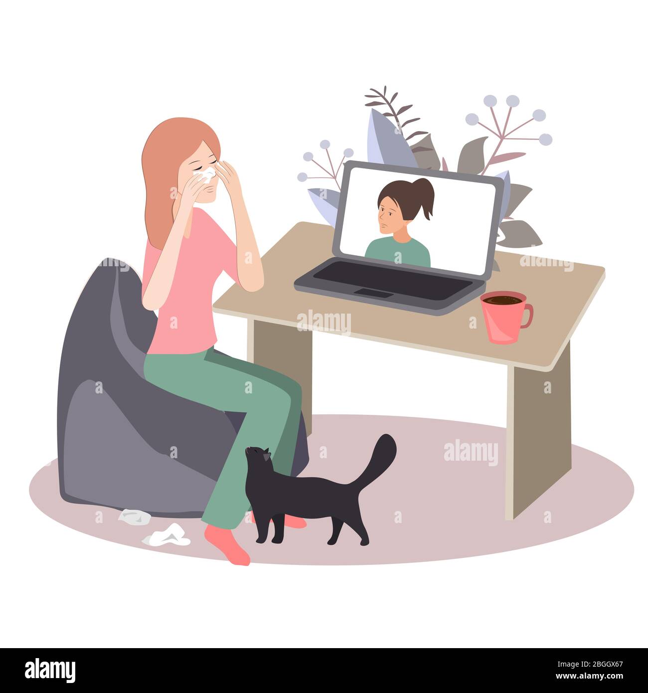 Crying woman seating at her desk in front of her laptop having an online call with her therapist. Vector illustration Stock Vector