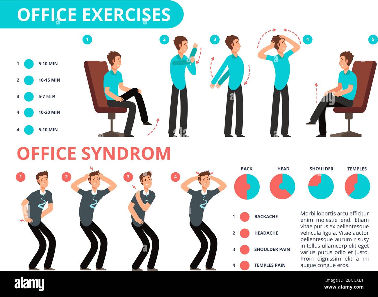 Employee doing office exercises desk. Medical vector diagram with cartoon people. Infographic syndrome office work, shoulder and headache illustration Stock Vector