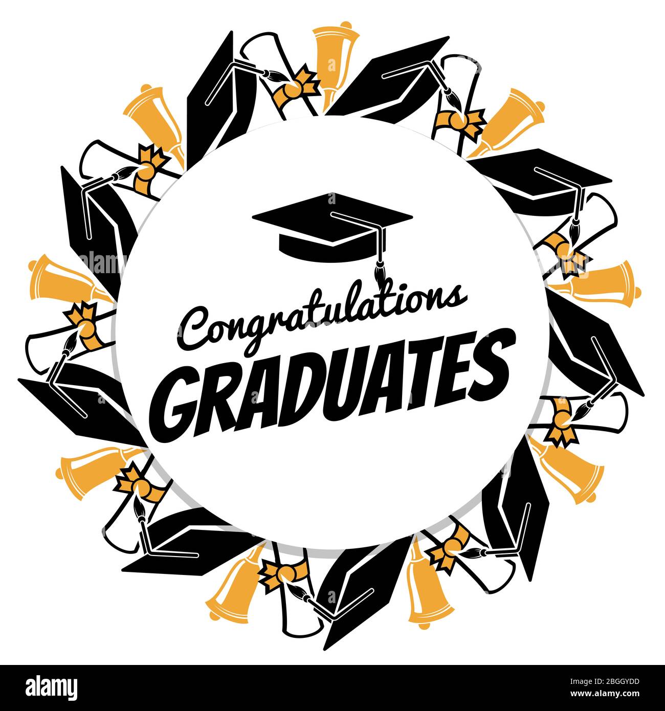 Congrats graduates round banner with students accessorises. Graduation celebration, graduate congrats, ceremony banner illustration vector Stock Vector